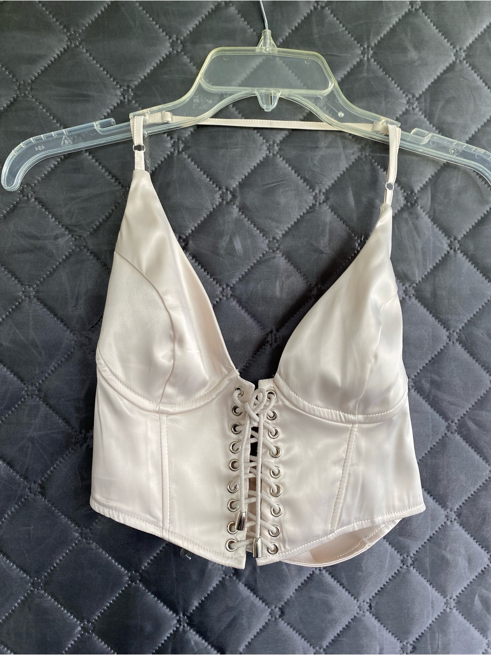superdown Satin Lace-Up Bustier Crop Top - Cream